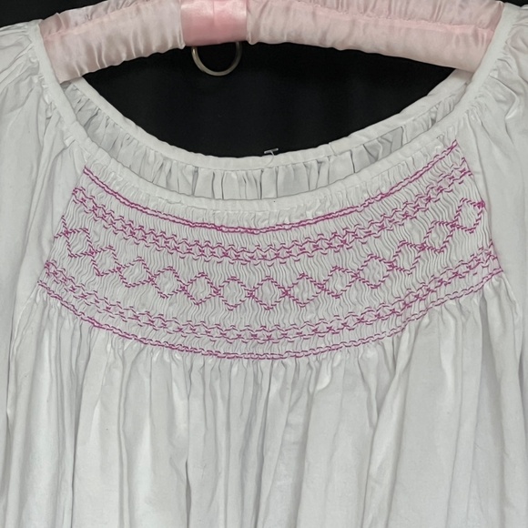Handmade Smocked Nightie Nightgown Size XL White Pink Stitching Maxi Pockets - Picture 2 of 4